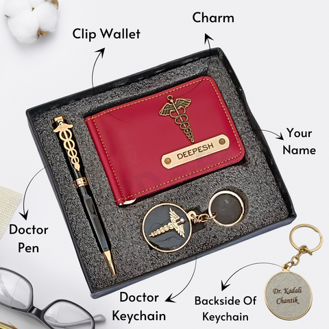 red colored wallet eith custom name and charm ,black color pen with custom name and custom logo with keychain where back side can be customize, all are placed in black gift box, where explaining about everything where  we can customize.