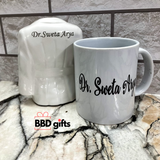 white colored ceramic apron penstand and mug with fully personalized , palced on marbel floor