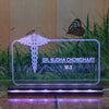 The video shows a personalized desk nameplate for a doctor, featuring a transparent, illuminated glass panel with the medical caduceus symbol. The nameplate reads "Dr. Bhawani Soni, M.B.B.S." and is branded with "BBD gifts" in the background, which depicts grass, butterflies, and a rustic wooden wall. color changing for table top