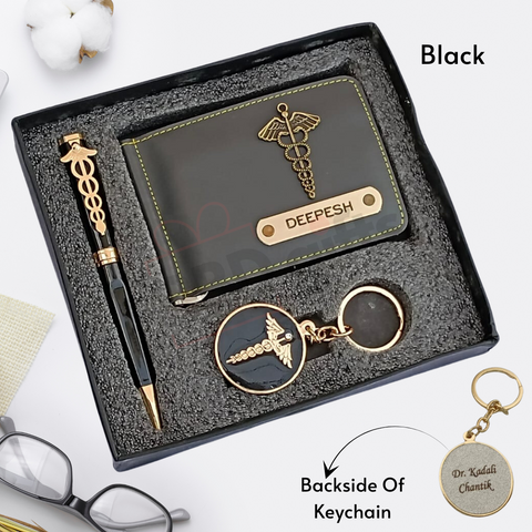 black colored wallet eith custom name and charm ,black color pen with custom name and custom logo with keychain where back side can be customize, all are placed in black gift box