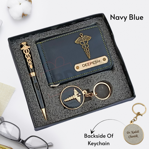 black colored wallet eith custom name and charm ,black color pen with custom name and custom logo with keychain where back side can be customize, all are placed in black gift box