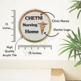 it is customized name plate for doctor ,with fully customized, it is in circle shape with gold color outline, you print your clinic name and with logo, it is 15 inches height , 15 inches widht ,hight qaulity acrylic tile,it is hanged to wall beside some plant leafs are there.