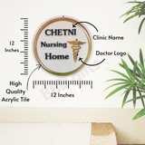 it is customized name plate for doctor ,with fully customized, it is in circle shape with gold color outline, you print your clinic name and with logo, it is 12 inches height , 12 inches widht ,hight qaulity acrylic tile,it is hanged to wall beside some plant leafs are there.