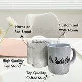 white colored ceramic apron penstand and mug with fully personalized , explaining wher we can print our name palced on the white table in front of chair beside there is oreange file is placed