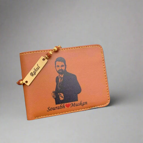 sketch wallet with customized photo and name and rudraksha rakhi custom name