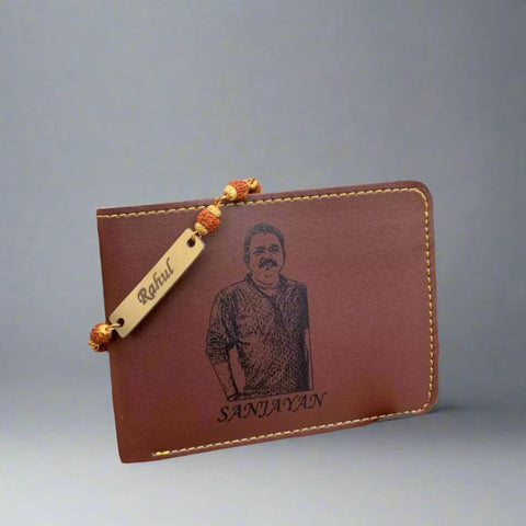 sketch wallet with customized photo and name and rudraksha rakhi custom name