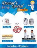 it is a advertisement where explaing about doctors special combo includes -4 customized products,2 doctor caricature with base on customized name, apron coat pen stand with personalized name, ceramic white mug ,wooden box  with your name, wooden model pen with customized name. 