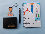 doctor caricature type key chain with personalized name, customized leather wallet with name and charm, doctor black pen with name customized,spiral binding book with cover of doctor photo 