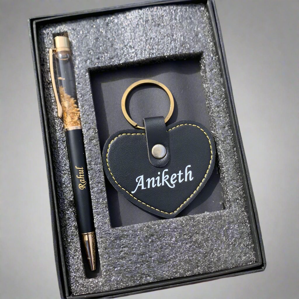 Pen And Keychain Combo | Heart Keychain And Gold Flake Pen